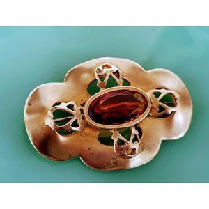 Antique Brass Gilt Large Brooch With Brown Glass Stone